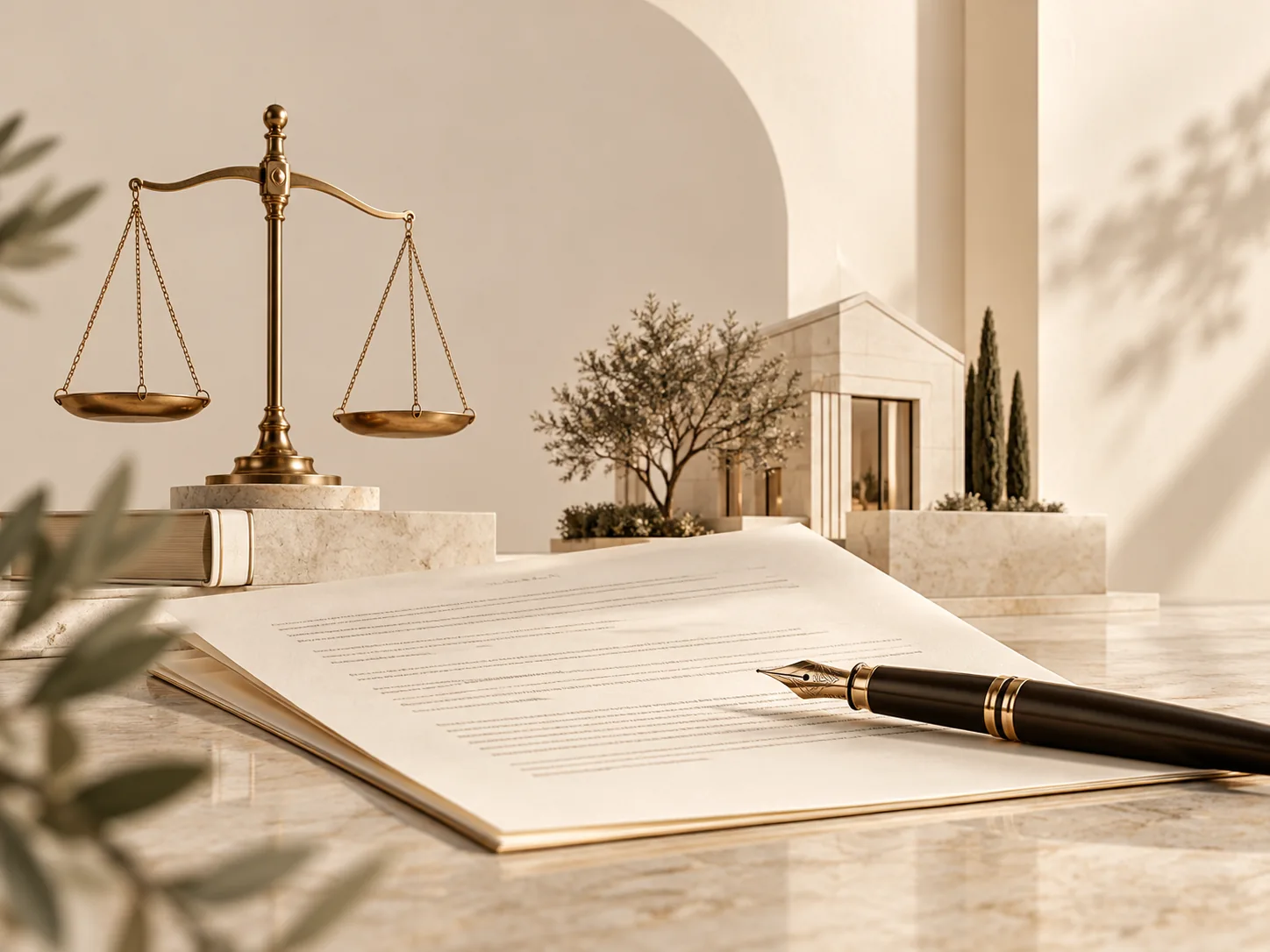 Composição elegante sobre Direito Civil com balança, contrato e arquitetura residencial
