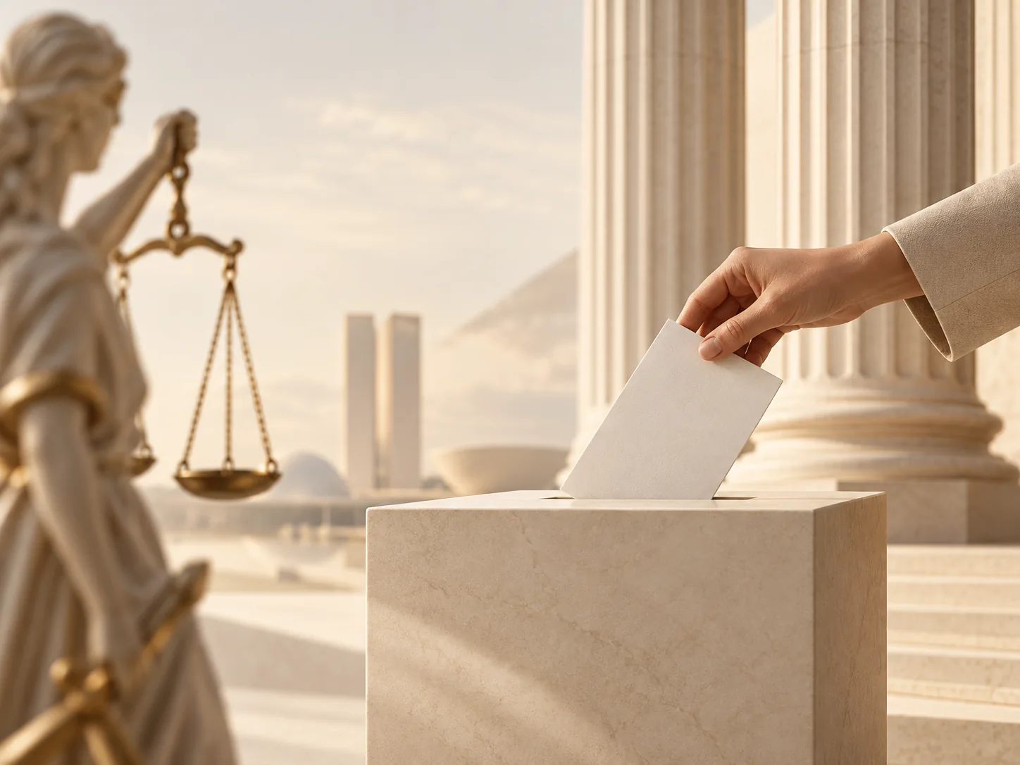 Composição elegante sobre Direito Eleitoral com urna, voto e símbolo da Justiça