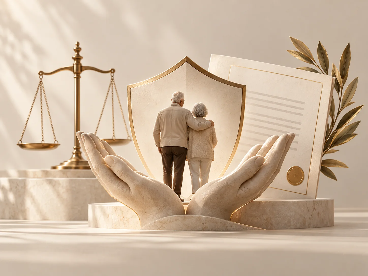 Composição elegante sobre Direito Previdenciário com escudo, proteção e seguridade social